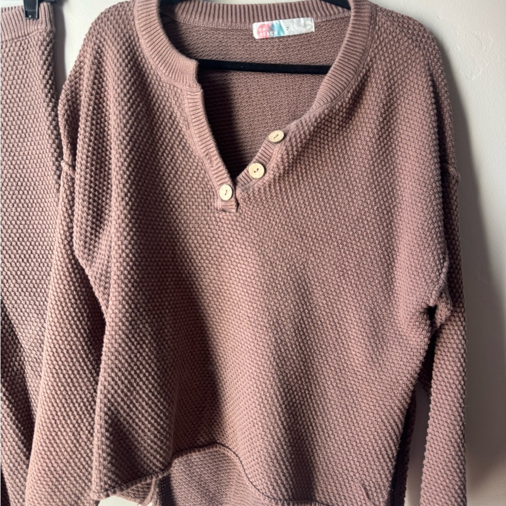 Free Peopl Hailee Sweater Set Waffle Knit  XS Cozy Henley Wide Leg Pant Beach - Picture 6 of 11